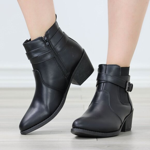 Womens Ankle Boots Low Block Heel Brown Synthetic Leather Pointed Toe Buckles - Picture 6 of 11